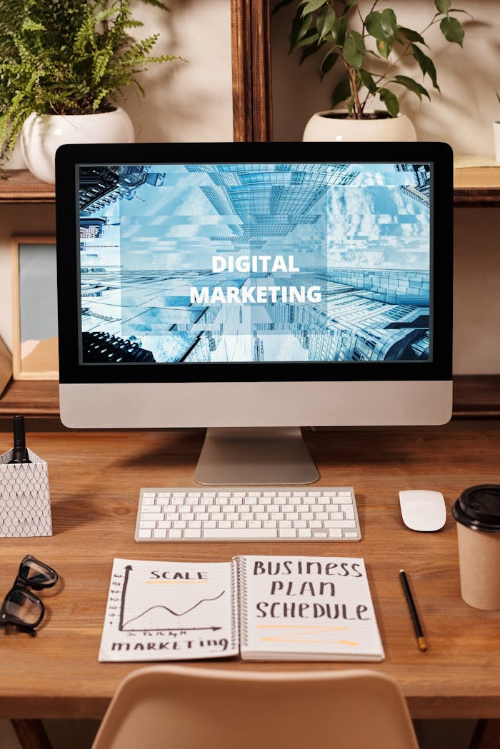 Mastering the First Impression: Your intriguing post title goes here Contemporary office setup featuring digital marketing strategy on a computer screen, ideal for business technology themes.